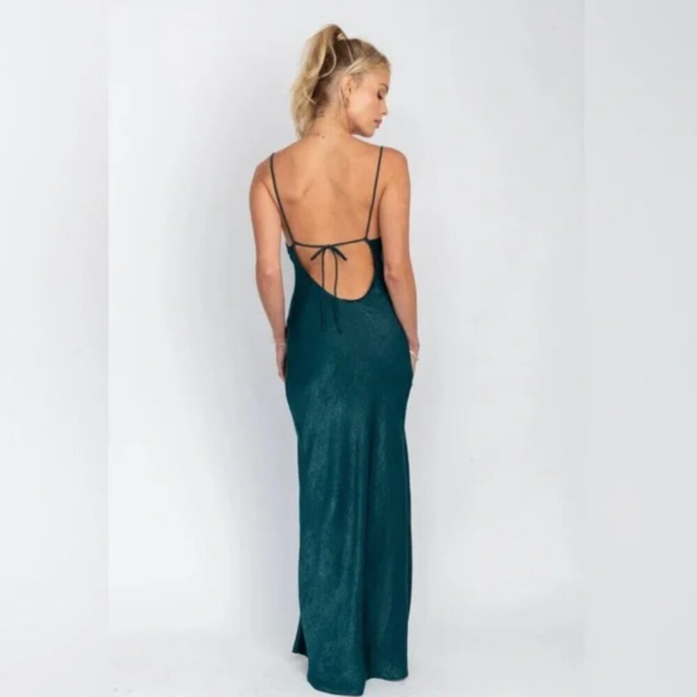 RESA Emerald Green Satin Maxi Dress with Side Slit - Picture 3 of 8